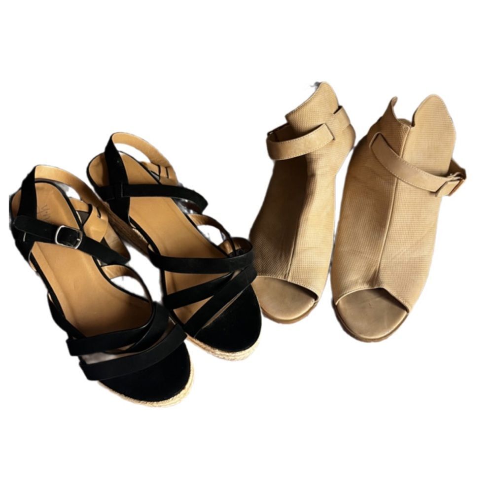 Black / neutral espadrille open toe sandal wedge heels 2 pair